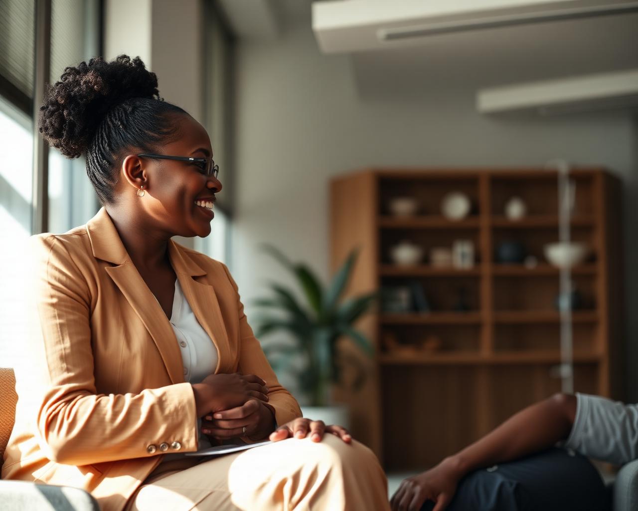 Counsellor in a warm conversation with a client