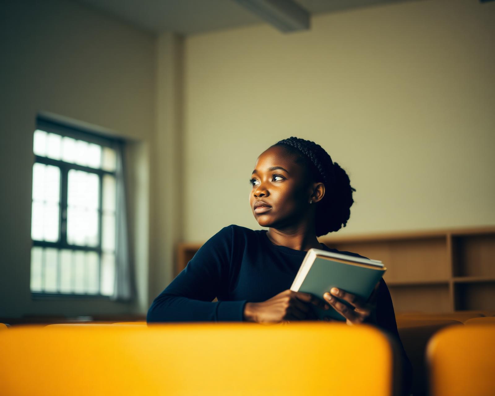 Student in a classroom contemplating her studies