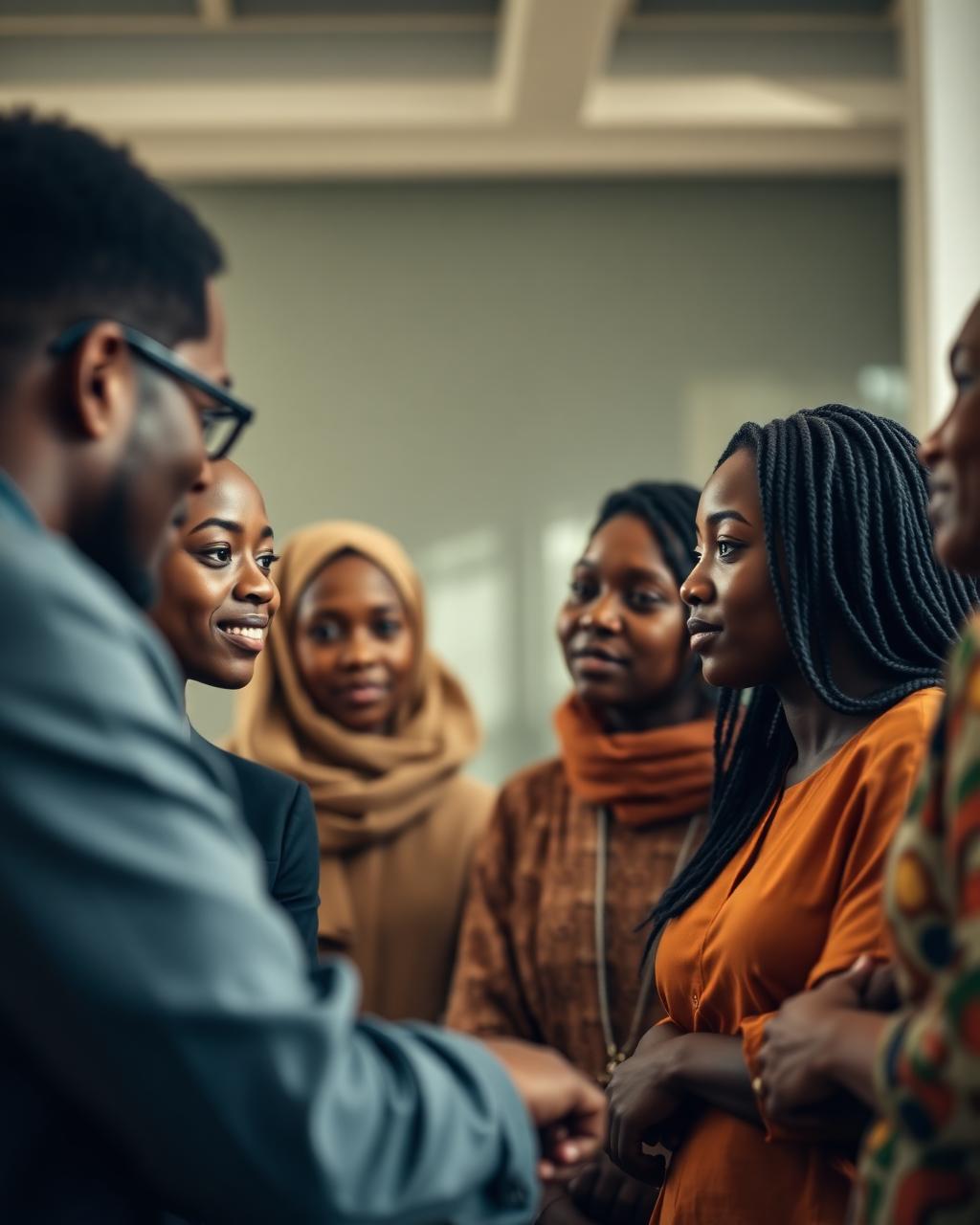Diverse Nigerian learners and mentors in conversation